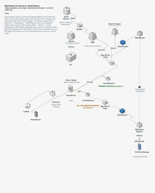 Isometric AWS architecture diagram of a multi-region e-commerce platform, with Route 53, CloudFront, load balancers, app server fleets, RDS replication and an on-premises backup