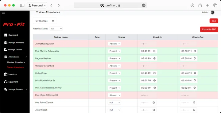 Trainer attendance table with present and absent rows, check-in times and PDF export