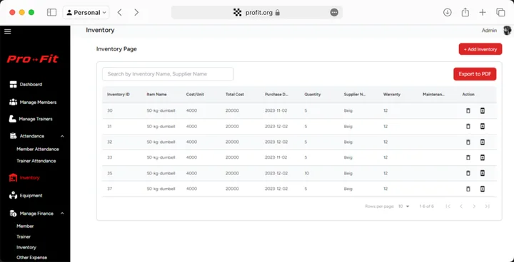 Inventory table listing cost per unit, supplier, warranty and maintenance dates