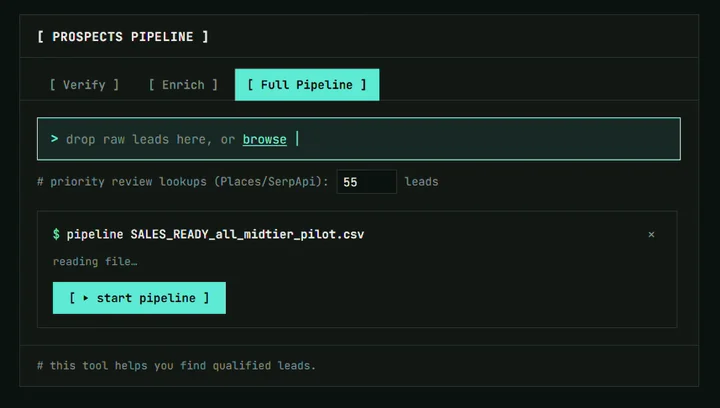 Empty state with Verify, Enrich and Full Pipeline tabs and a file drop zone