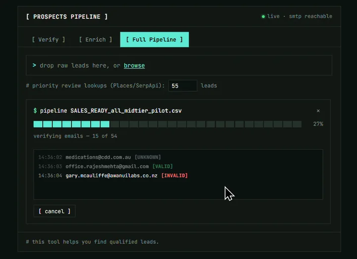 Mid-run at 27 percent with a live verification log tagging addresses valid, invalid or unknown