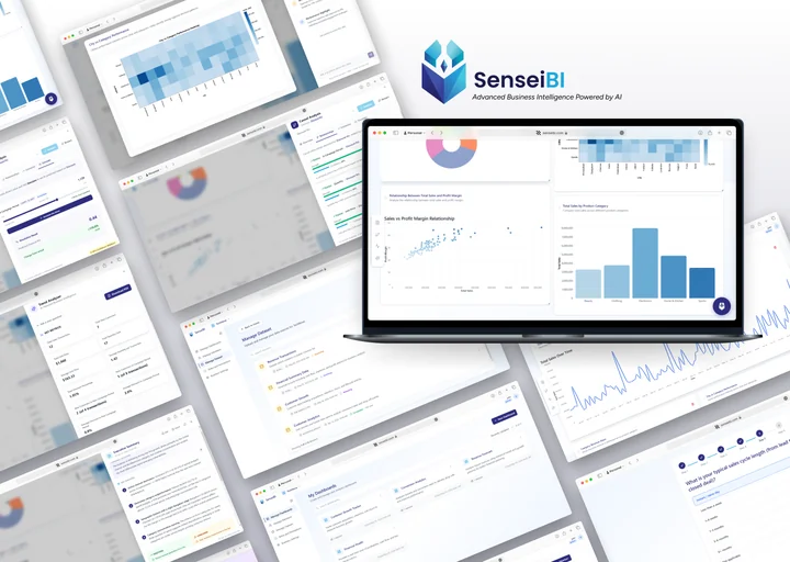 SenseiBI cover — laptop mockup showing the analytics dashboard alongside scattered product screens